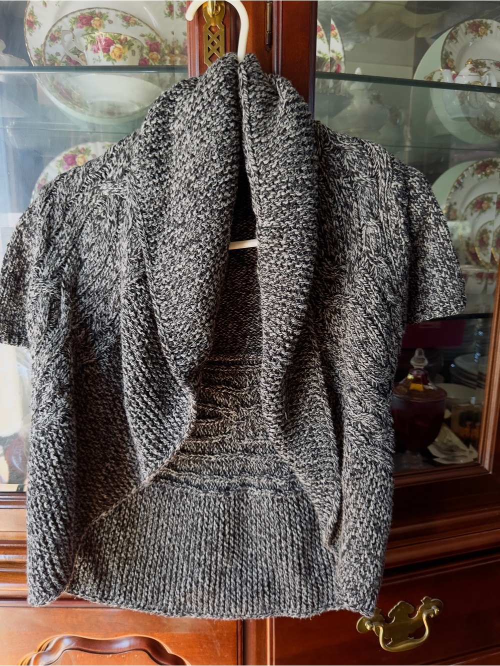 Express Black & White Marled Open-Front Short-Sleeve Sweater Shrug
